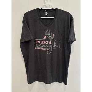 Love & Faith Womens Grey Short Sleeve Tshirt Size L  2 Corinthinians 12:9